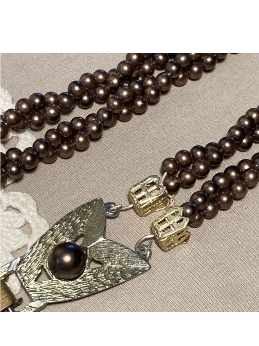 Vintage Brown Beaded Necklace Ornate Mid Century Atomic Clasp